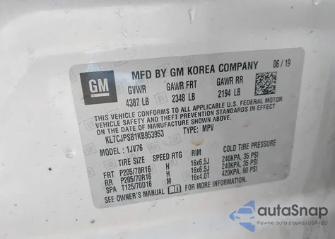 2019 Chevrolet Trax Lt from USA, damaged, VIN KL7CJPSB1KB953953